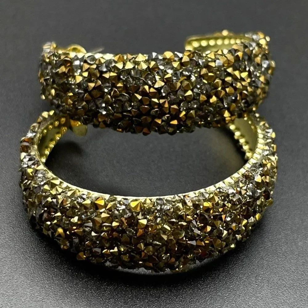 Yellow Gold with Grey and Gold Crystal Encrusted Round Hoop Post Back Earrings